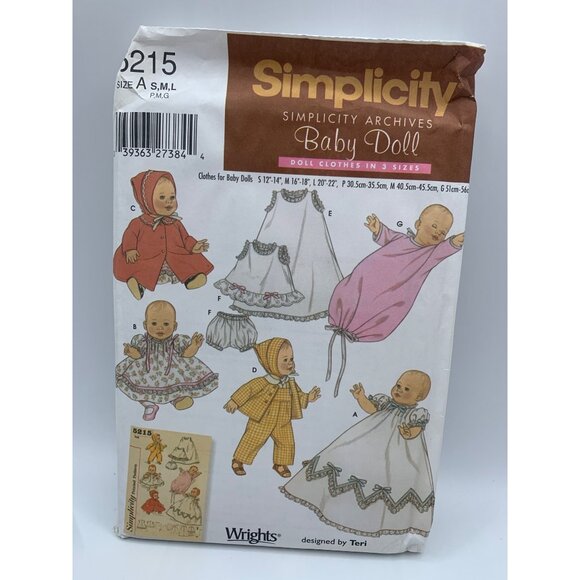 Simplicity Doll Clothing for 12" to 22" doll Sewing Pattern 5215 - uncut - Picture 1 of 2